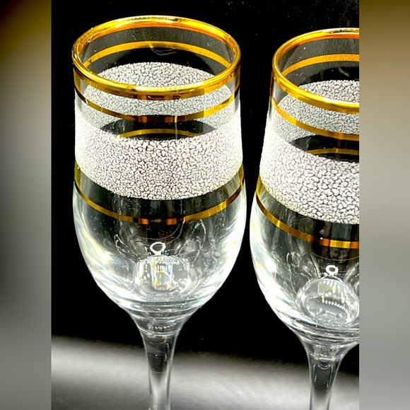 Set of 4 Vintage Midcentury Clear Wine Glasses Gold Rim Textured White Stripe 8" - Picture 4 of 11